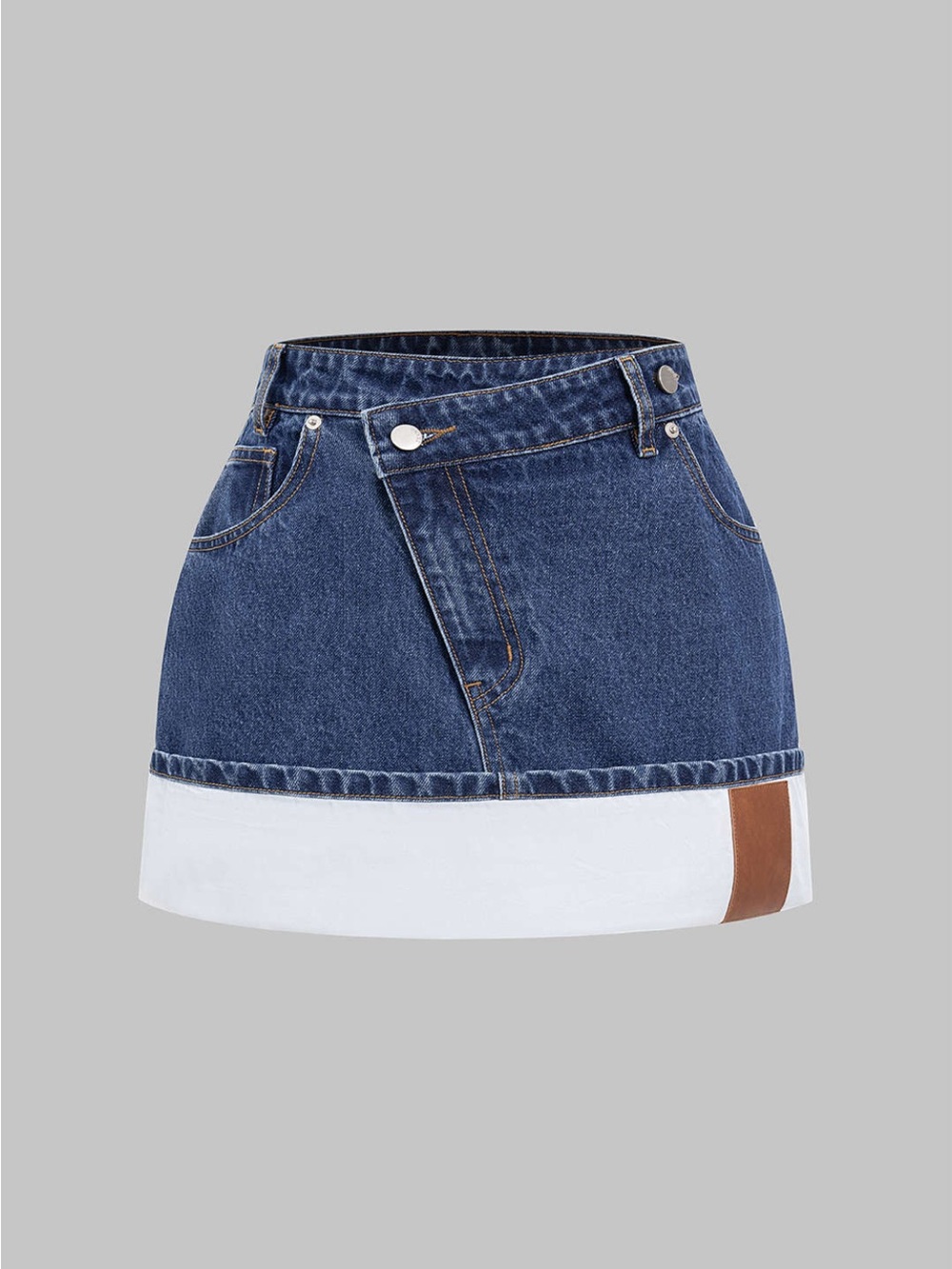 Blue Denim Mini Skirt with White Hem and Brown Accent